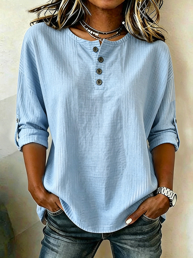 Women'S Casual Cotton And Linen 9-Quarter Sleeved Button Up Top