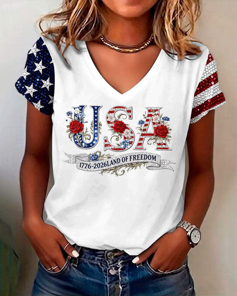 250th Anniversary Letter Flowers V-neck Short Sleeve Tshirt