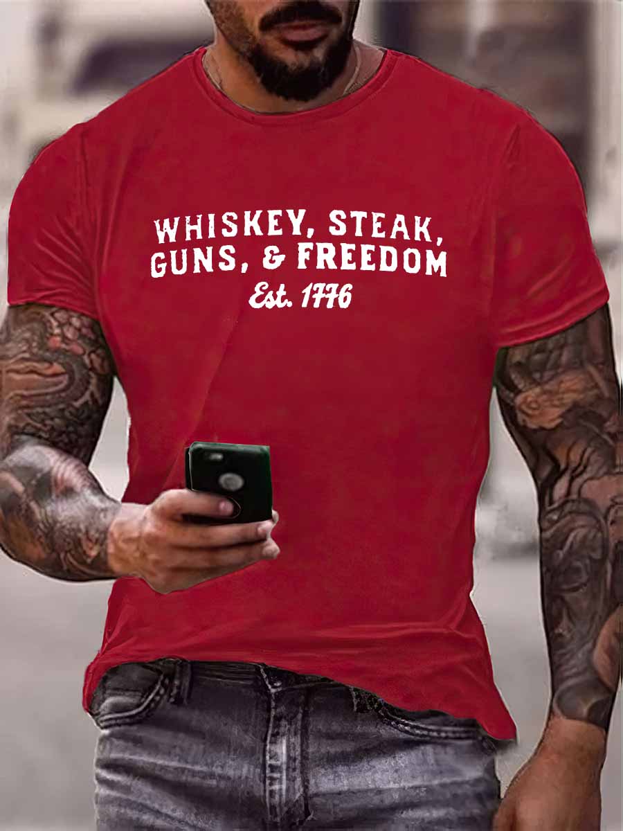 Whiskey Steak Guns And Freedom Print 100% Cotton T-Shirt