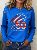 American Women 250th Anniversary Embroidered Print Round-neck Long-sleeved T-Shirt