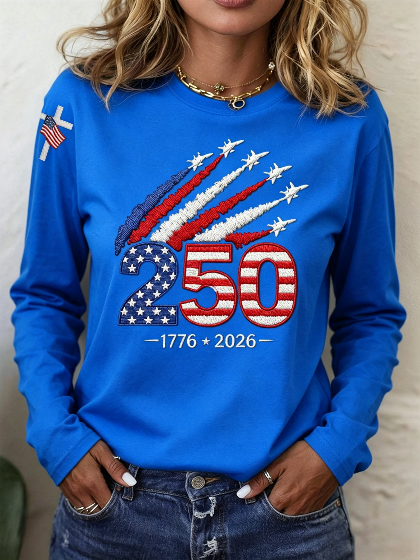 American Women 250th Anniversary Embroidered Print Round-neck Long-sleeved T-Shirt