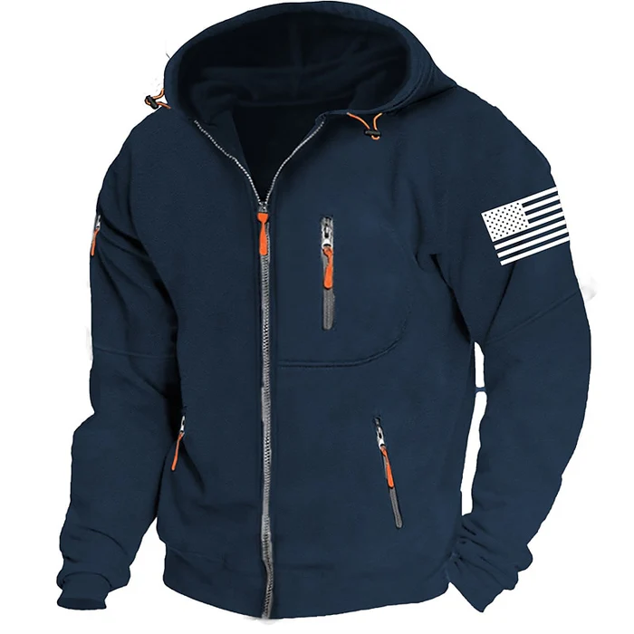 American Flag Fleece Contrast Raglan Zip Pattern Pocket Sweatshirt