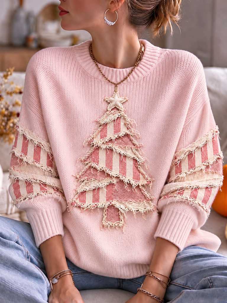 Women Fringe Patchwork Christmas Tree Knit Sweater