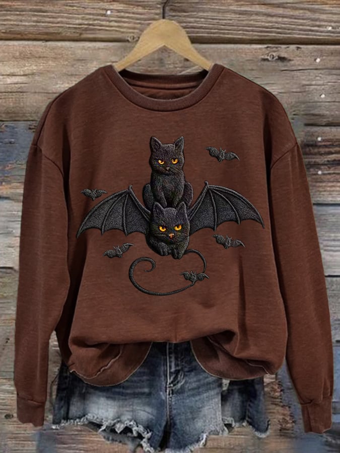 Women's Autumn Halloween Cute Bat and Black Cat Printed Casual Holiday Round Neck Sweatshirt