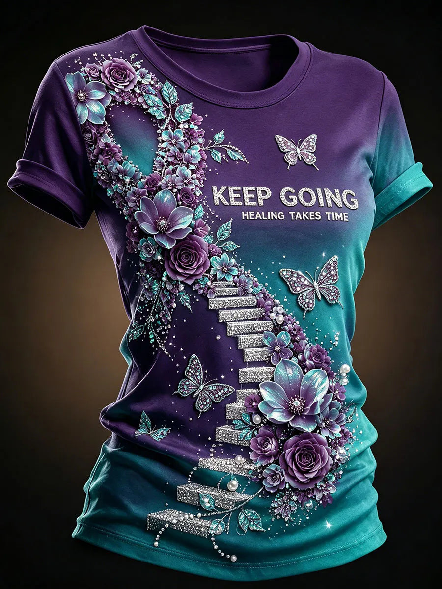 Women’s Keep Going Healing Floral Stairway Mental Health Graphic T-Shirt