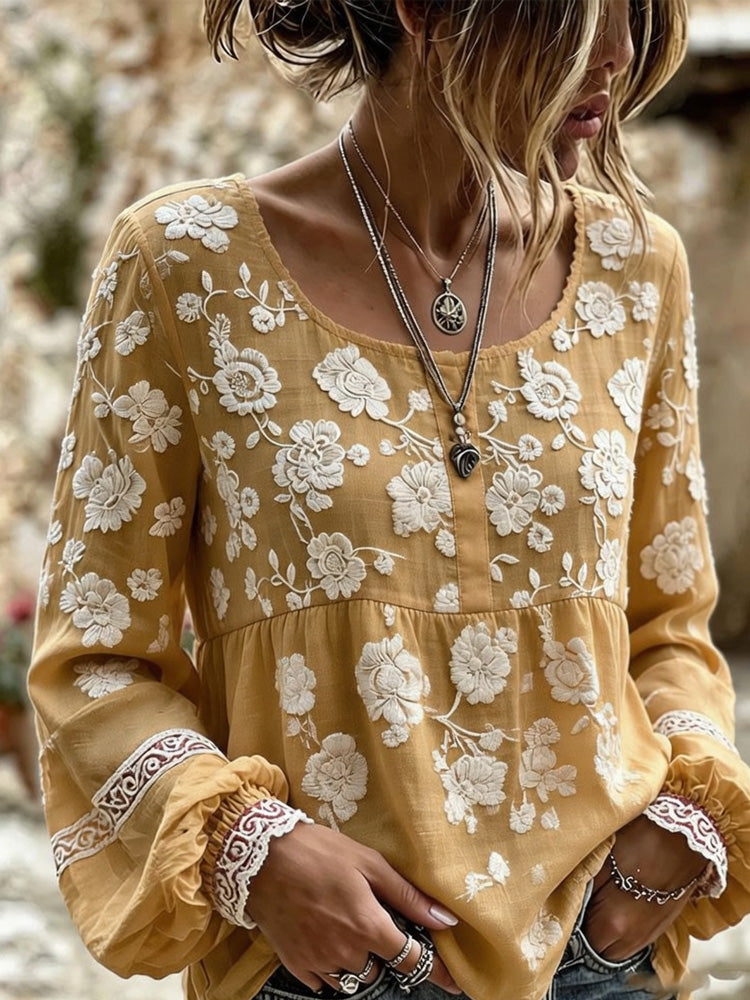 Women's Retro Bohemian Style Plant Embroidered Printed T-shirt