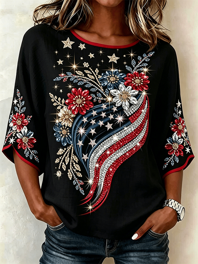 Patriotic Retro Pattern Print Comfortable Cotton And Linen T-Shirt