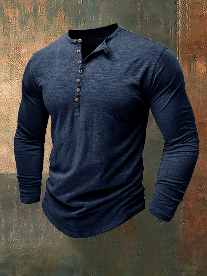 Men's Henley Collar Bamboo Cotton Long-Sleeved Top