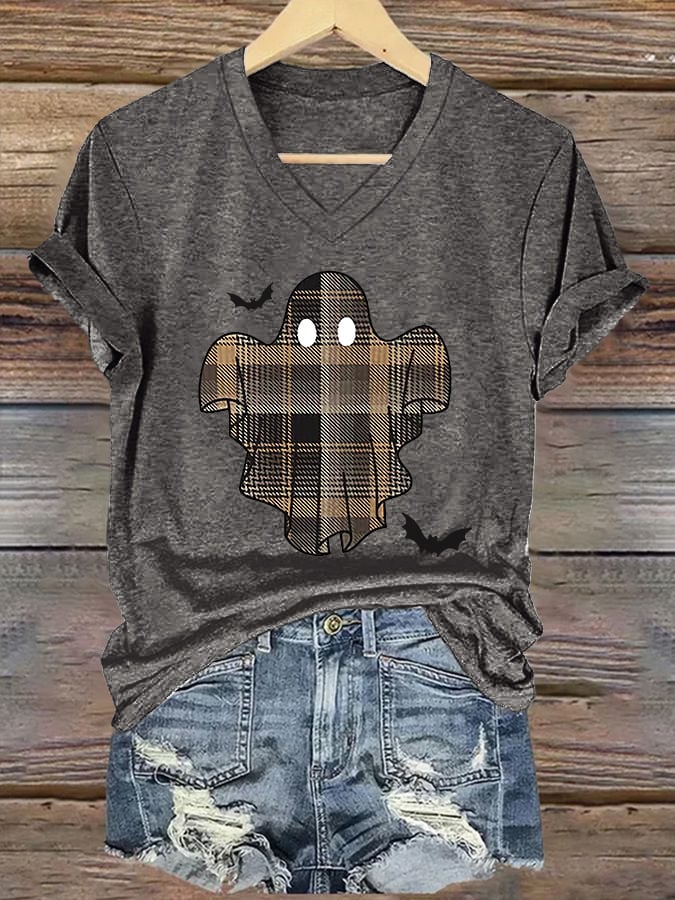 🔥HOT SALE🔥V-Neck Retro Halloween Ghost & Bats Flannel Plaid Print T-Shirt