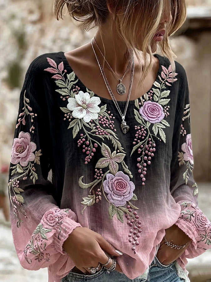 Women's floral fresh round neck top
