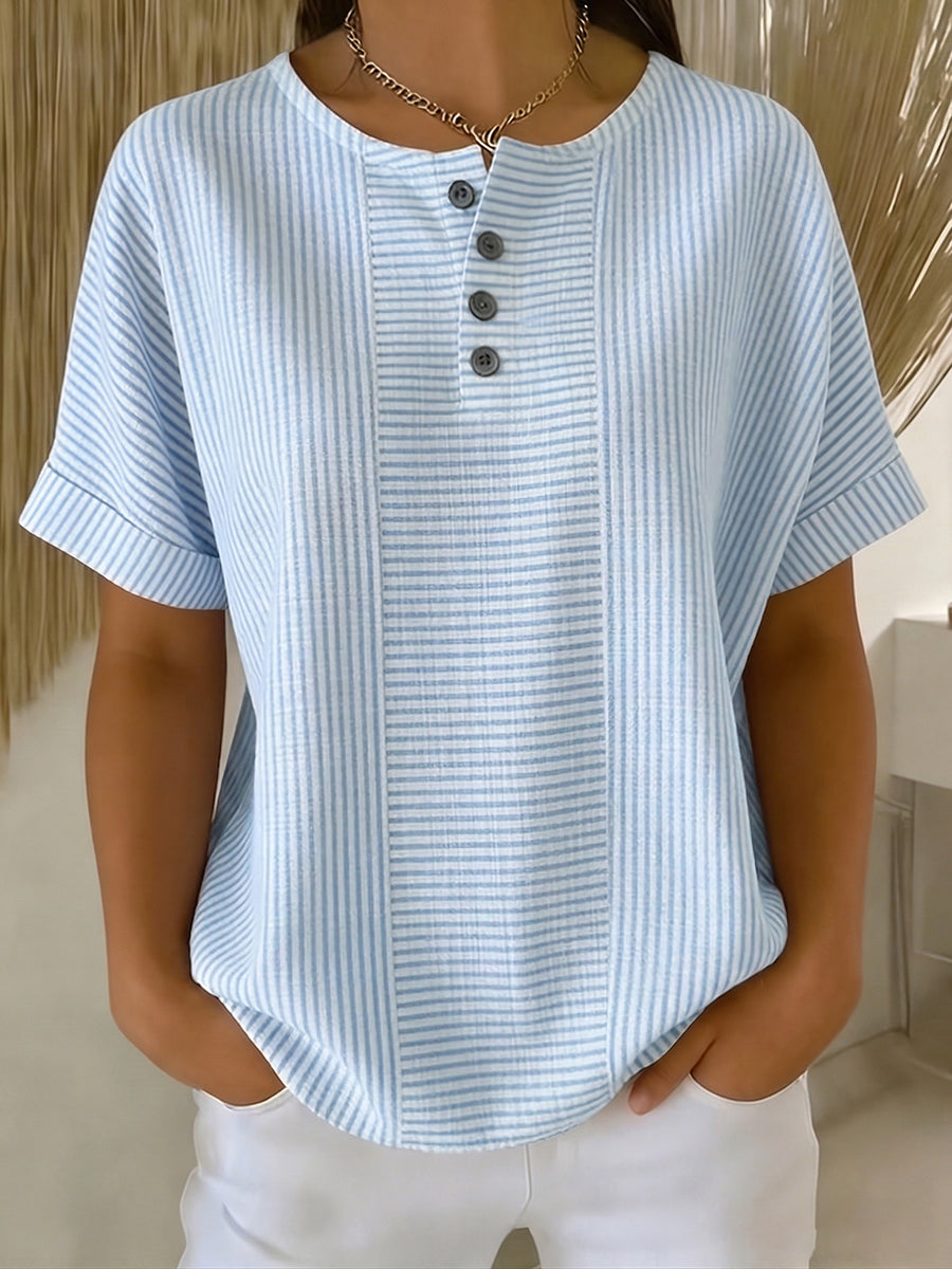 Women's casual striped cotton linen button-down shirt