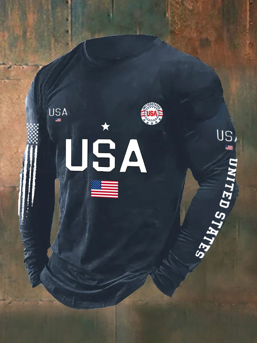 USA Flag Printed Long Sleeve Cotton T-Shirt