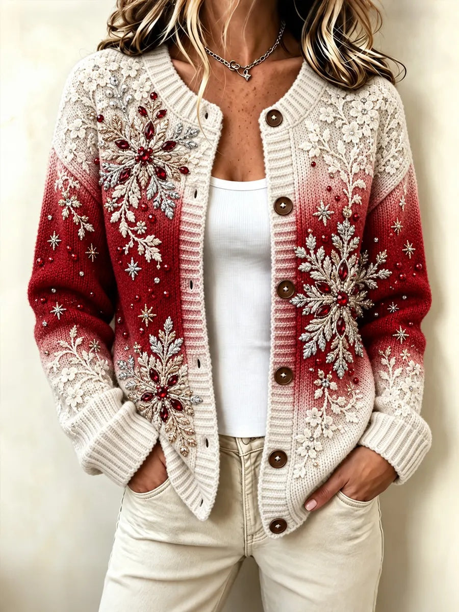 Women's Christmas-Themed Flowers Print Knit Cardigan