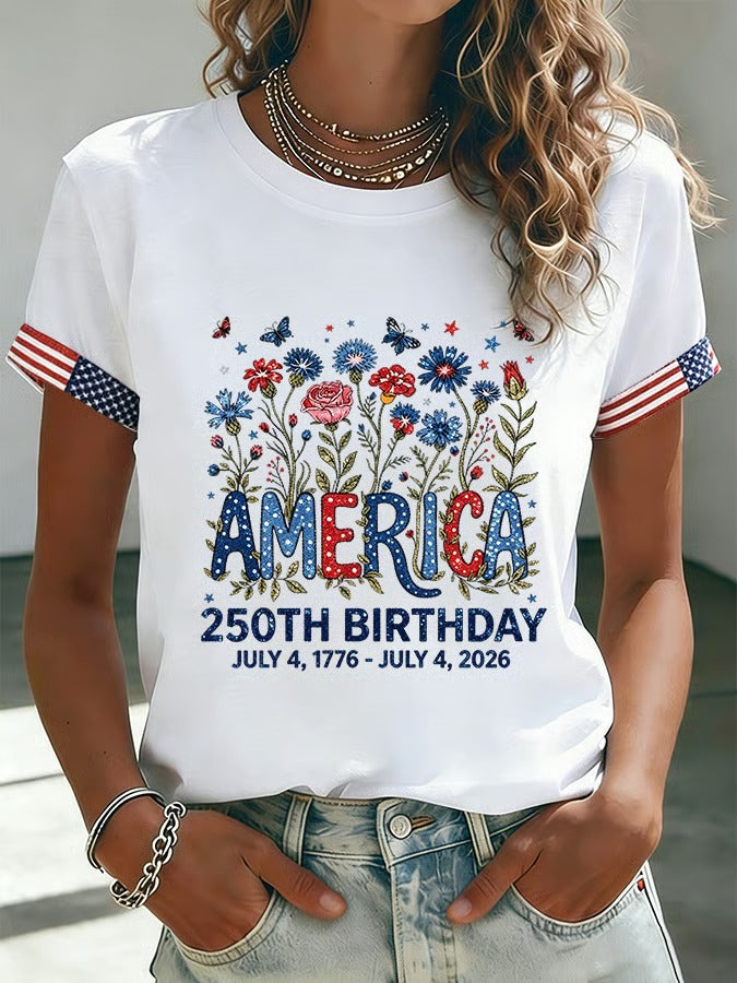 Women's 250 Years Of Freedom Flower Art Print T-shirt