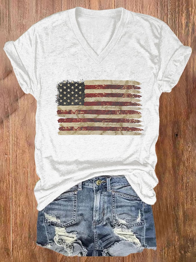 Women's Vintage Flag Print Casual V Neck T-shirt