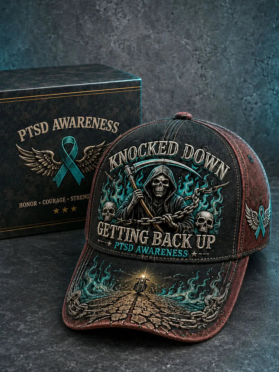 “Knocked Down, Getting Back Up” PTSD Awareness Grim Reaper Chain Vintage Baseball Cap