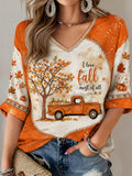 Women's Fall Printed Mid-length Sleeves V-Neck T-Shirt