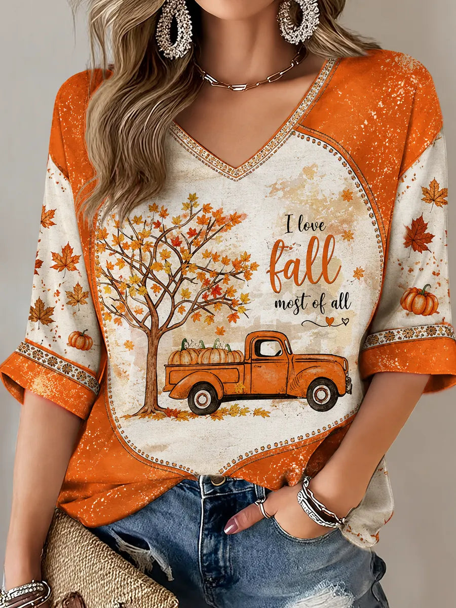 Women's Fall Printed Mid-length Sleeves V-Neck T-Shirt