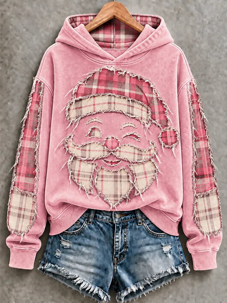 Vintage Green Buffalo Plaid Distressed Santa Christmas Hoodie