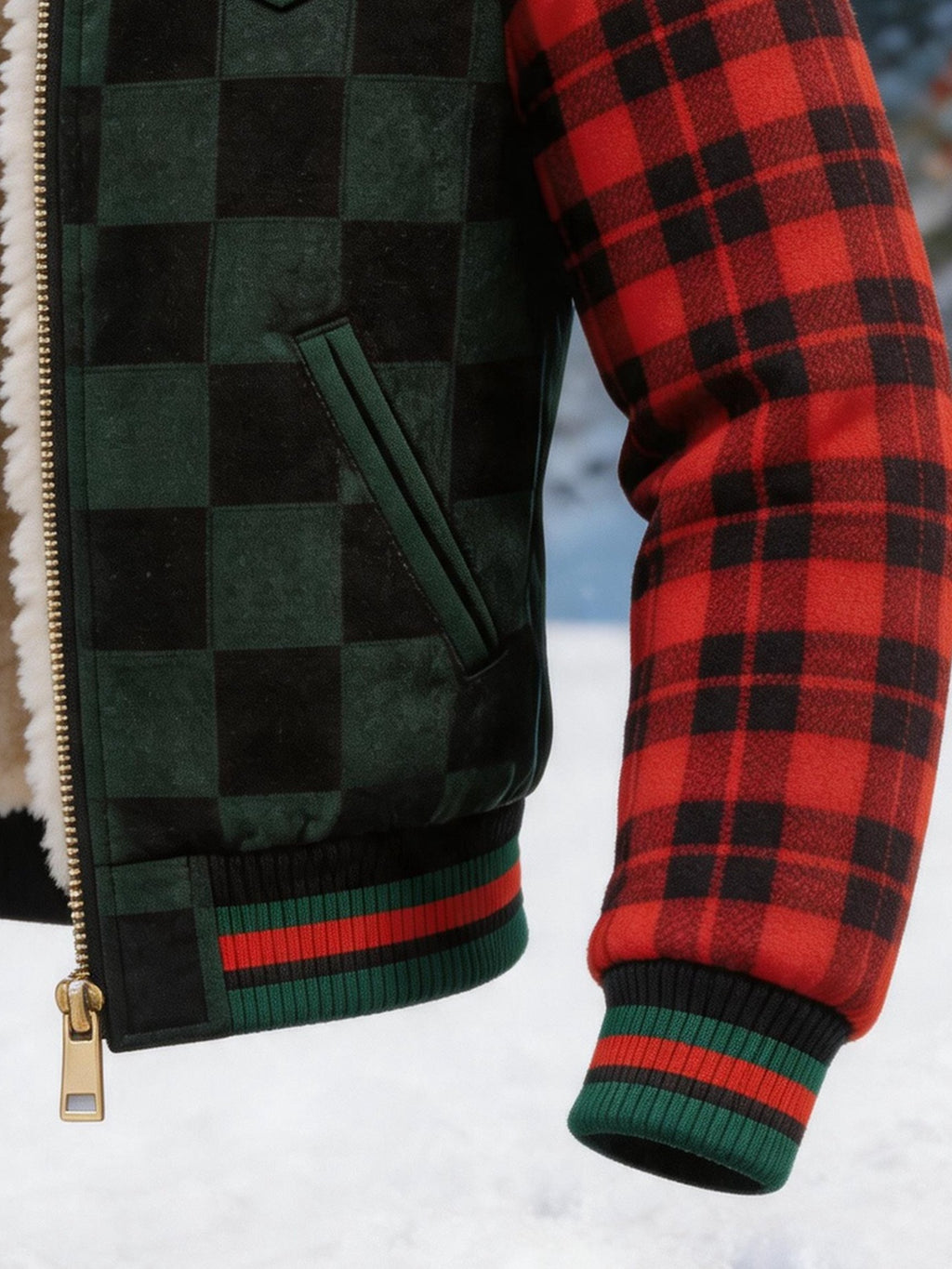 Men’s Christmas-Themed Color-Block Plaid Hooded Jacket with Fleece Lining
