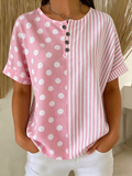 Women's casual striped polka dot cotton linen button-down shirt