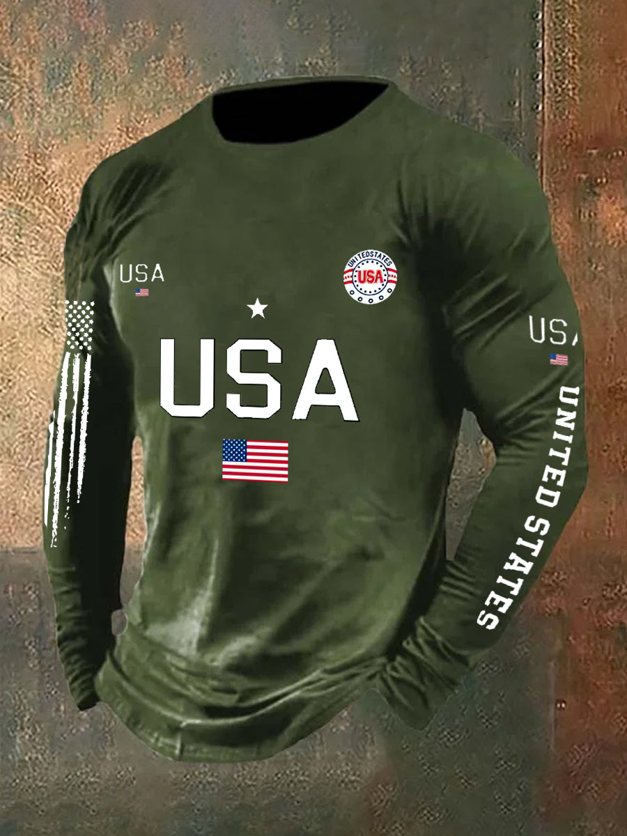 USA Flag Printed Long Sleeve Cotton T-Shirt