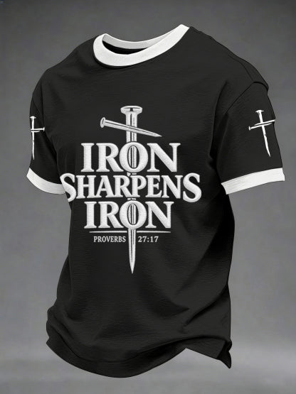 Men's Iron Sharpens Iron Proverbs 27:17 Christian Cross Print Casual Tee