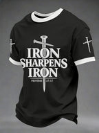 Men's Iron Sharpens Iron Proverbs 27:17 Christian Cross Print Casual Tee