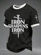 Men's Iron Sharpens Iron Proverbs 27:17 Christian Cross Print Casual Tee