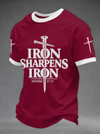 Men's Iron Sharpens Iron Proverbs 27:17 Christian Cross Print Casual Tee