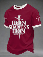 Men's Iron Sharpens Iron Proverbs 27:17 Christian Cross Print Casual Tee