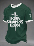 Men's Iron Sharpens Iron Proverbs 27:17 Christian Cross Print Casual Tee