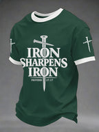 Men's Iron Sharpens Iron Proverbs 27:17 Christian Cross Print Casual Tee