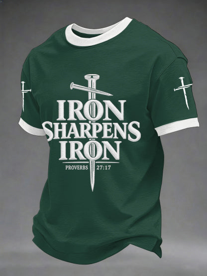 Men's Iron Sharpens Iron Proverbs 27:17 Christian Cross Print Casual Tee