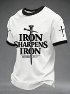 Men's Iron Sharpens Iron Proverbs 27:17 Christian Cross Print Casual Tee