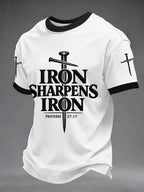 Men's Iron Sharpens Iron Proverbs 27:17 Christian Cross Print Casual Tee