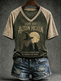 Frauen-T-Shirt mit witzigem Halloween-Print und V-Ausschnitt