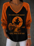 Women's Halloween Witch Pumpkin Bat V-neck Casual Long Sleeve Shirt