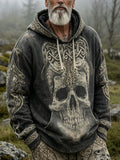 Herren-Kapuzen pullover im Retro-Viking-Stil mit Totenkopf muster, lässig gewaschen