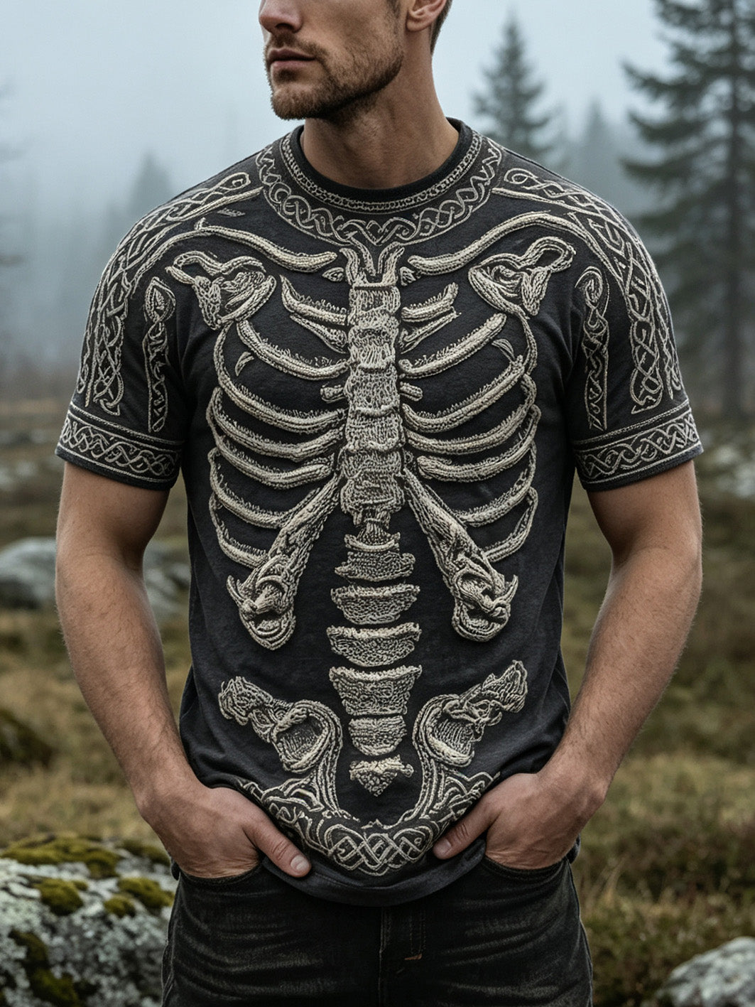 Herren-Kurzarm-T-Shirt mit Retro-Schädel-Skelett muster bedruckt