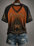 Damen-Halloween-T-Shirt mit Hexen-Print und V-Ausschnitt