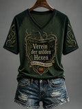 Damen-Halloween-T-Shirt mit Hexen-Print und V-Ausschnitt