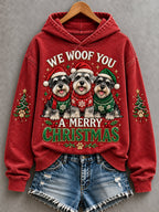 Women's We Woof You A Merry Christmas Schnauzer Print Dog Lovers Casual Hoodie