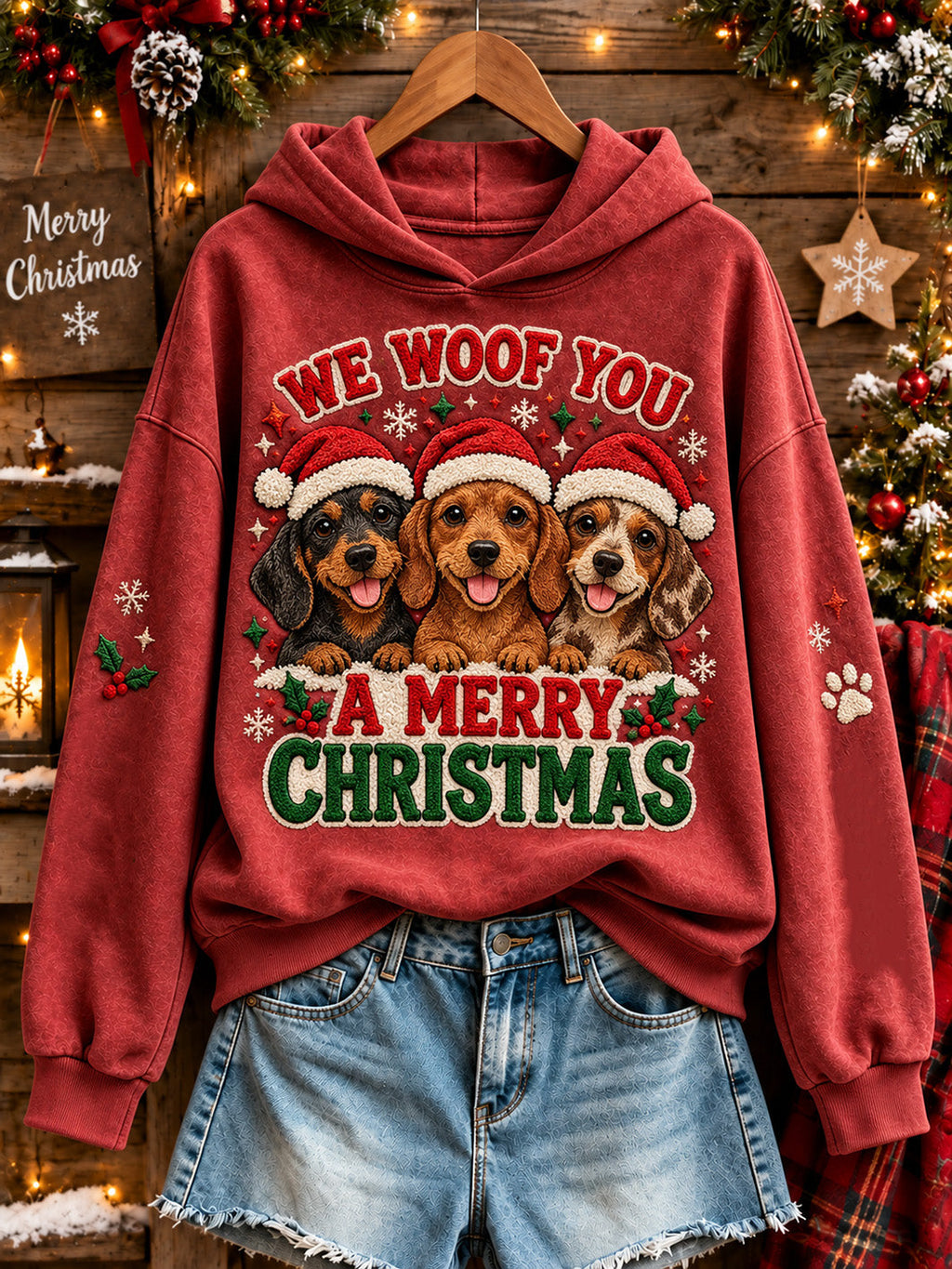 Women's We Woof You A Merry Christmas Dogs Pattern Causal Hoodie