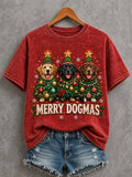 Women's Funny Christmas Merry Dogmas Labradors Print Dog Lovers Casual Tee