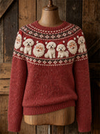 Women's Vintage Christmas Santa Claus & Bichon Dogs Yoke Isle Print crew neck sweater