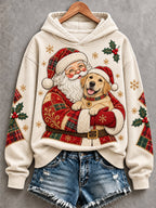 Women's Christmas Santa Claus Labrador Retriever Patchwork Print Casual Hoodie