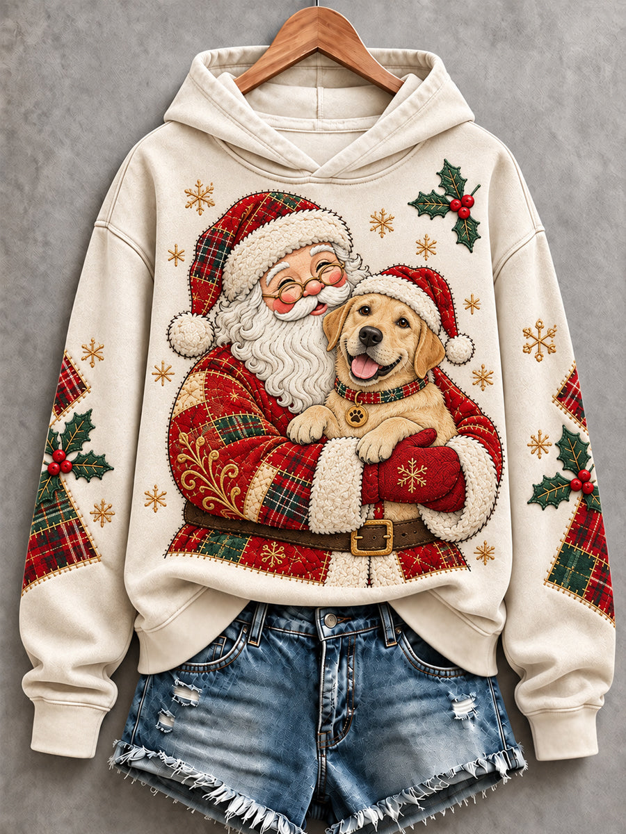 Women's Christmas Santa Claus Labrador Retriever Patchwork Print Casual Hoodie