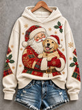 Women's Christmas Santa Claus Labrador Retriever Patchwork Print Casual Hoodie