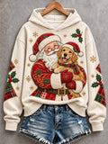 Women's Christmas Santa Claus Golden Retriever Patchwork Print Casual Hoodie